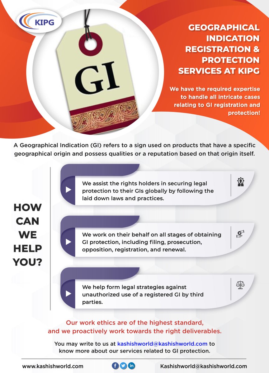 Kashish_IPGroup's tweet image. KIPG has the required expertise to handle everything related to the registration and protection of GIs.

Feel free to contact us at kashishworld@kashishworld.com 
🔔 kashishworld.com/geographical-i…
#GeographicalIndication #giprotection #IPrights