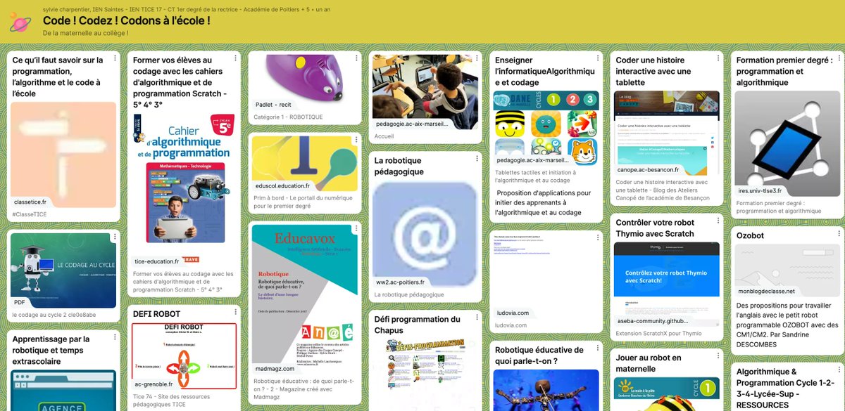 sophiaefrance's tweet image. Ce #padlet de @IENsaintes17 répertorie des dizaines de ressources pour apprendre le #codage de la maternelle au collège !
buff.ly/3zonfIW
#algorithmie #programmation #code #informatique