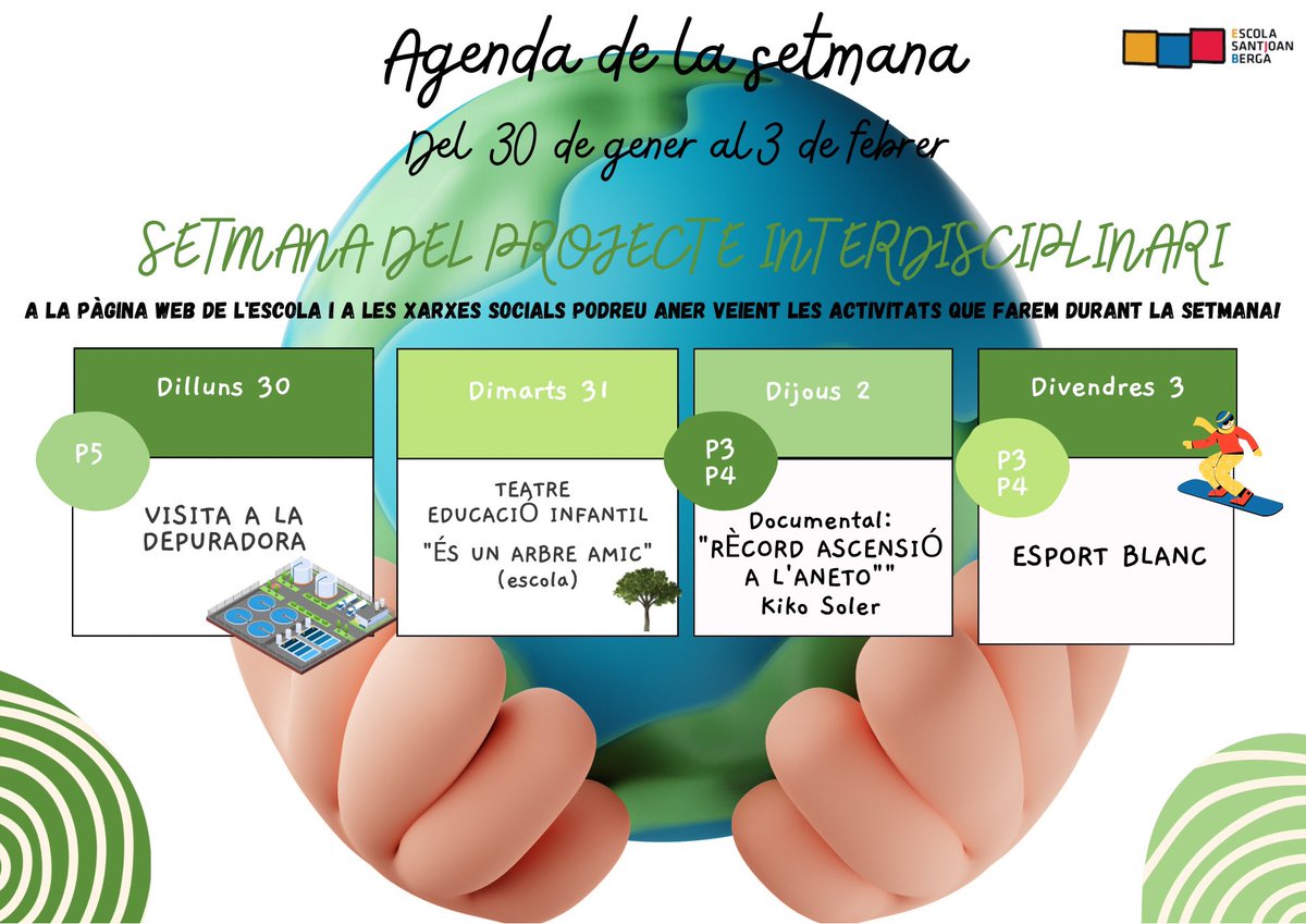 escolasantjoan's tweet photo. Agenda de la setmana. Del 30 de gener al 3 de febrer. SETMANA DEL PROJECTE INTERDISCIPLINARI: “El Canvi climàtic”. #escolasantjoanberga a#agendadelasetmana #projecteinterdisciplinari https://t.co/8OAu2BDYXo