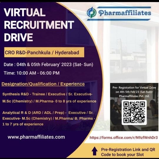 #Pharmaffiliates is holding a #virtual #Recruitment Drive for #panchkula and #Hyderabad on 4th & 5th Feb (Saturday and Sunday) from 10 A.M to 6P.M.
For Pre Registration, scan on the QR code provided in the post.
#virtualrecruitmentdrive #trainee #executive #seniorexecutive