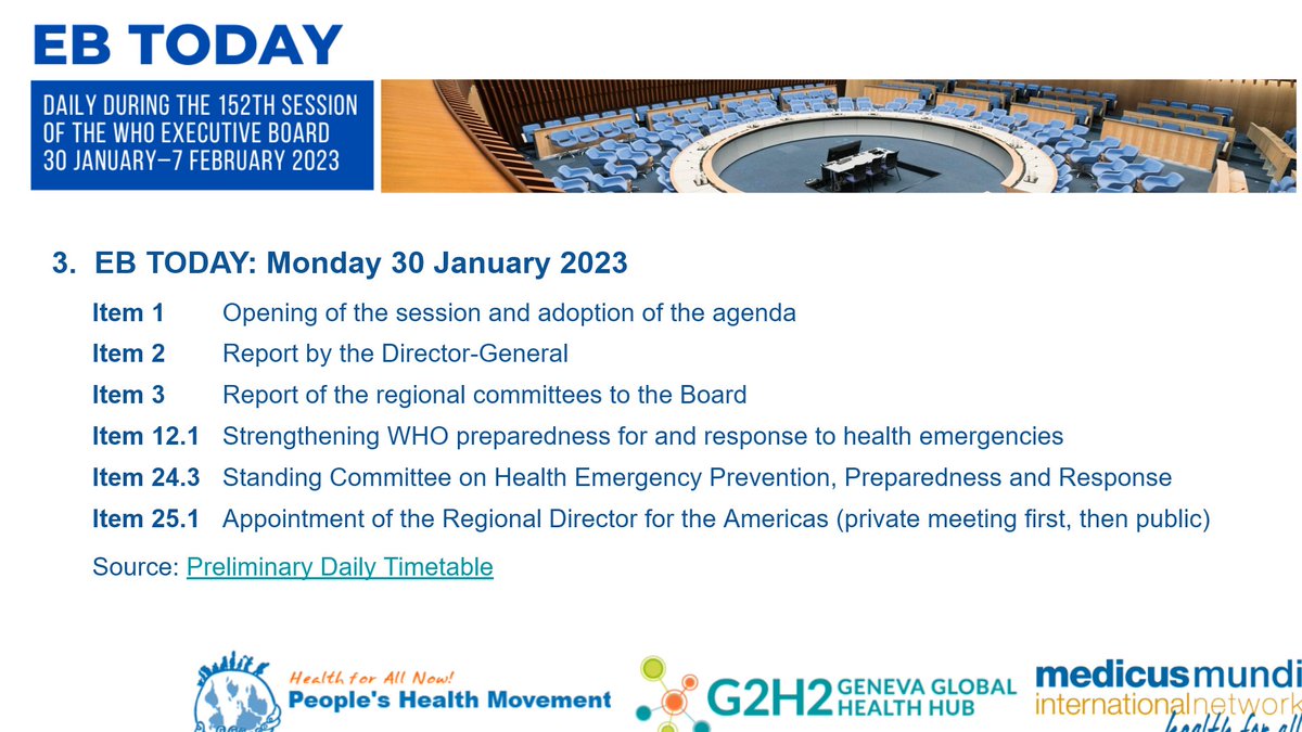 mmi_updates's tweet photo. #EB152 #EBTODAY
Monday 30 January 2023 
Today at @WHO #EB152

- Opening of the session (10 AM CET)
- Report by @DrTedros 
- WHO and health emergencies
   ...and related role of the Executive Board

EB live https://t.co/BsRzpcfKxK
EB docs https://t.co/nJcaPrlm10 https://t.co/nFwtRTJ4pu