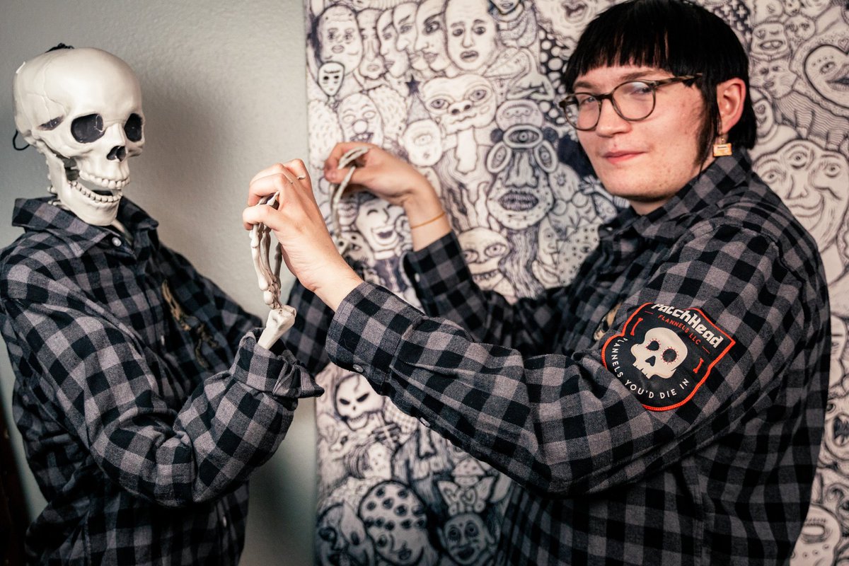 patchhead_'s tweet photo. Meet Jub! (flower.pants on instagram) Their the Artist of the Skeleton on the front of the Original Patched Flannel from #PatchHead 

@patchhead_ #altpunk #flannels https://t.co/qgPAHIgZ6z