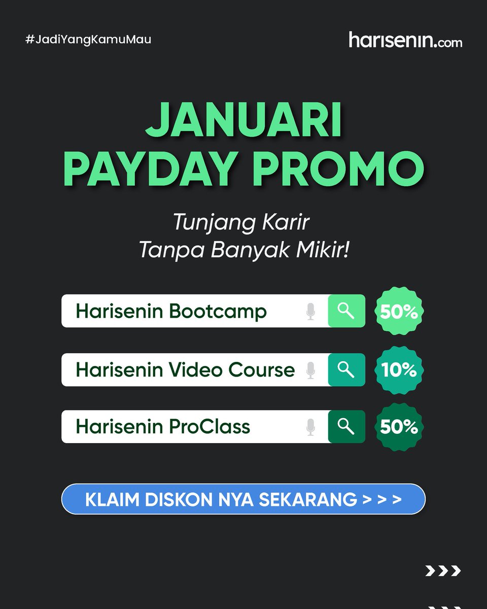 harisenincom's tweet photo. Harisenin lagi ada diskon gila gilaan nihh!🥳😍

Harisenin Bootcamp diskon hingga 50%, Video Course discount 10% dan juga Harisenin ProClass diskon hingga 50%!🤑

Claim diskon nya sekarang juga! Periode promo hanya sampai tgl 31 Januari 2023😱

#harisenincom #jadiyangkamumau https://t.co/ZNBZ62Wdrt