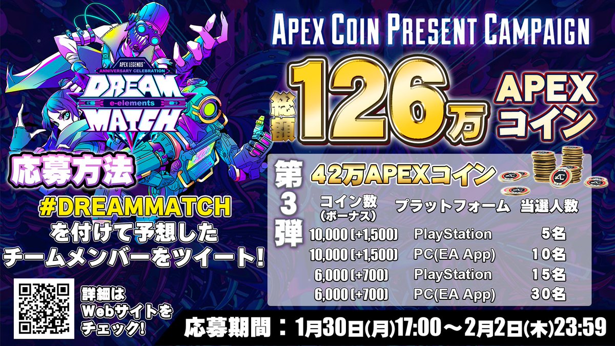 Apexコインプレキャン第3弾✨ 2月3日（金）に出演者60名&全20チーム解禁！ ドリームチームを予想しよう👀 ＼ #DREAMMATCH  を付けて予想したチームメンバーをツイート！ 的中した人の中から抽選でApexコインをプレゼント🎁 出演者一覧はコチラ👇  https://t.co/dg8zOtOUzU ...