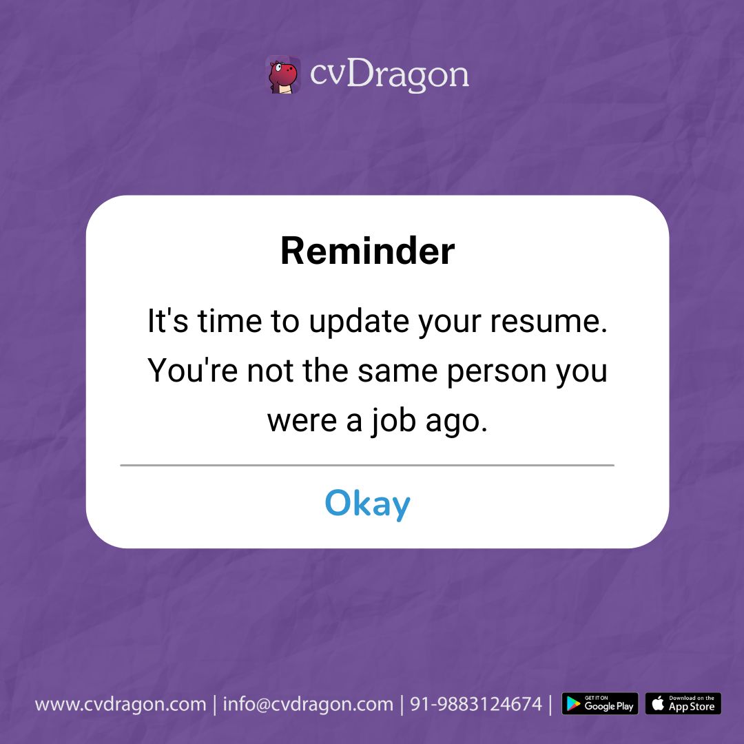 When was the last time you took the time to update you resume? Was it a season? A year? A different decade? Not sure? 👀

#cvdragon #cv #resume #job #placements #recruitment #india #opportunity #cvguidance #cvhelp #jobseekers #freshers #updateresume #remindercv #reminderpost