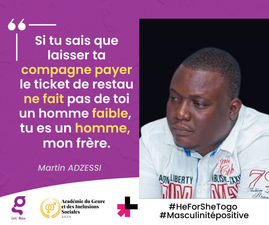 Saturnia_Josee's tweet photo. Campagne digitale de promotion de la masculinité positive

"Si tu sais que laisser ta compagne payer le ticket de restau ne fait pas de toi un homme faible, tu es un homme, mon frère"
_Martin ADZESSI_
#HeForSheTogo
#MasculinitéPositive
#CelluleAtsuEklu
#MouvementGirls'Motion https://t.co/JSAdmosDFi