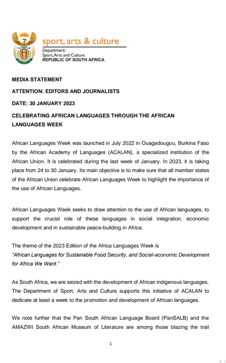 SportArtsCultur's tweet photo. Media Statement  
30 January 2023

Celebrating African Languages through the #AfricanLanguagesWeek launched in July 2022 in Ouagadougou, Burkina Faso by the African Academy of Languages (ACALAN), a specialized institution of the African Union.
Read more:  https://t.co/y4W0FhTvBj https://t.co/WRxcrIOkfz