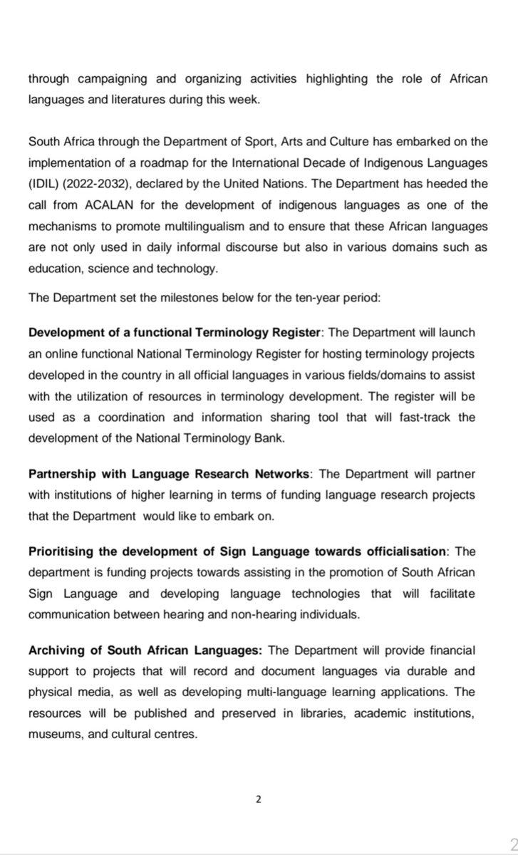 SportArtsCultur's tweet photo. Media Statement  
30 January 2023

Celebrating African Languages through the #AfricanLanguagesWeek launched in July 2022 in Ouagadougou, Burkina Faso by the African Academy of Languages (ACALAN), a specialized institution of the African Union.
Read more:  https://t.co/y4W0FhTvBj https://t.co/WRxcrIOkfz