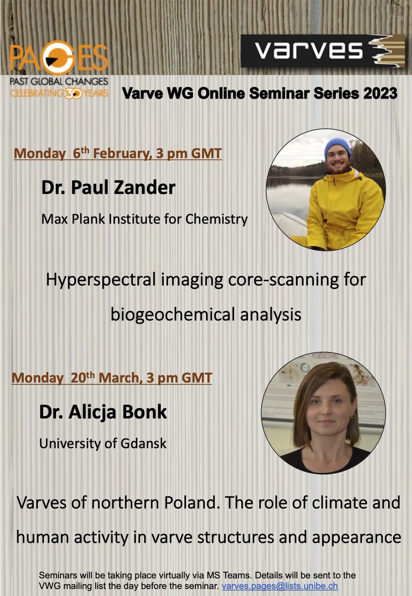 Happy New Year to all. Just a quick note to say we are delighted to advertise two presentations this term. These form part of the <a href="/varveswg/">Varve Working Group</a> Online Seminar Series with <a href="/zanderland33/">Paul Zander - born at 353 ppm CO2 🌎</a> and <a href="/AlicjaBonk/">Alicja Bonk</a>  presenting talks. See flyer for details.