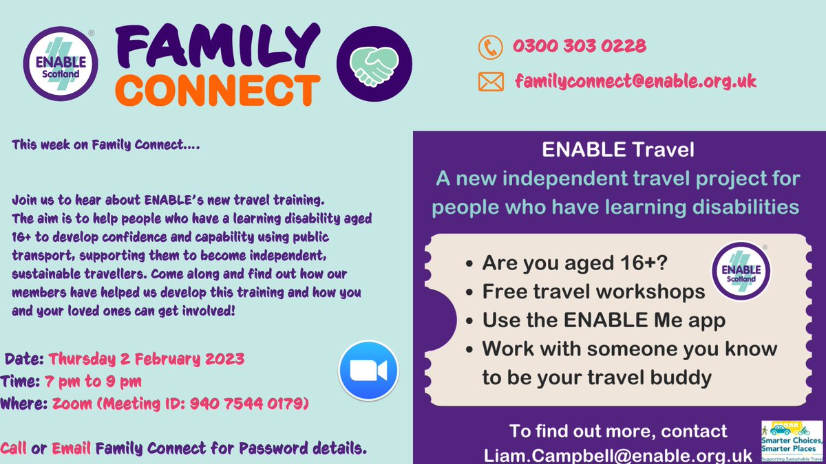 LaurenEnable's tweet image. This week on #FamilyConnect join us to hear from @Liam_ENABLE and hear about @ENABLEScotland's very own #TravelProject! 🚂🚍Join us to find out how you can get your loved ones involved in this brilliant project. Contact us for joining details! #ENABLEScotland #IndependentTravel