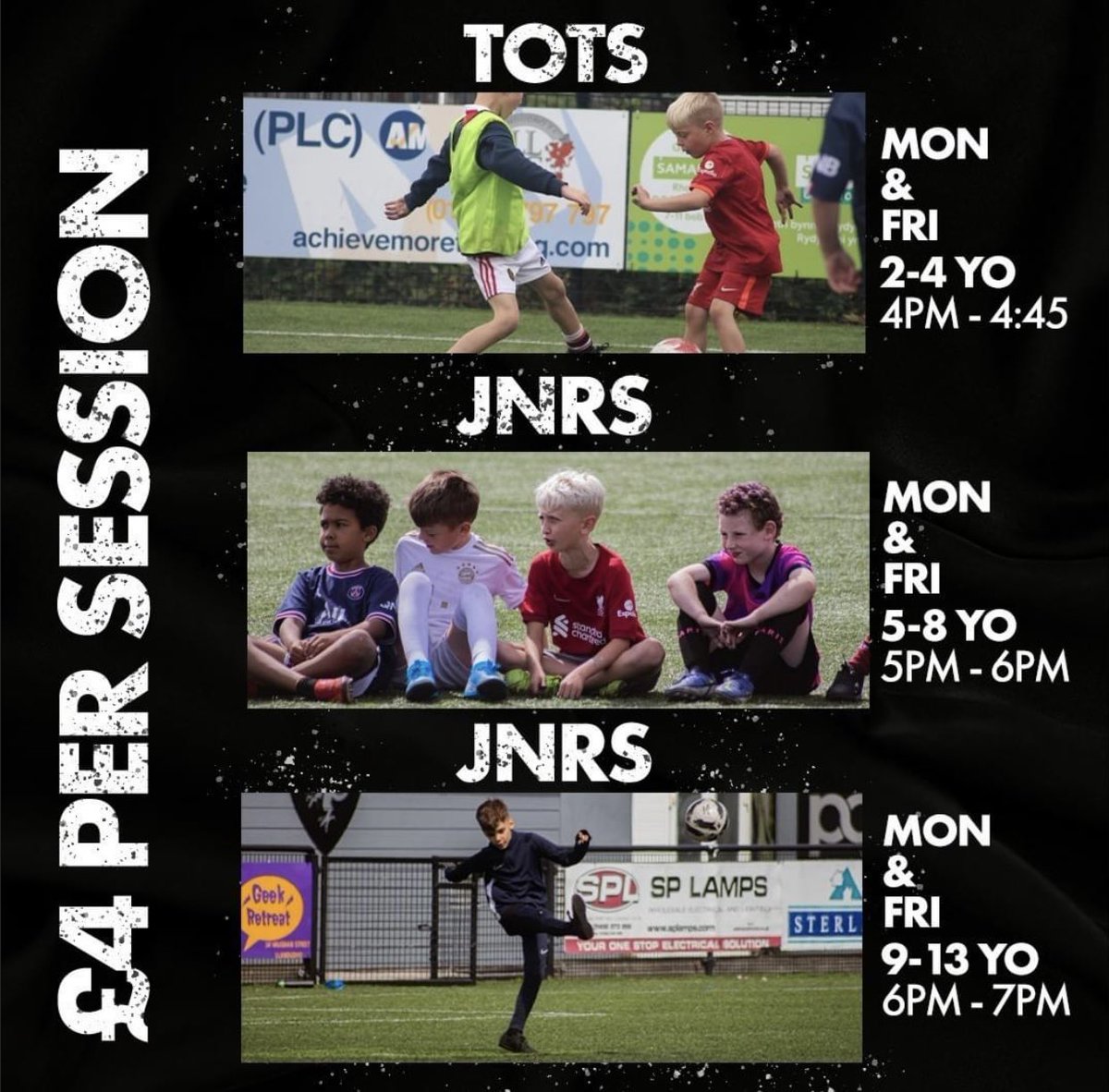 ConnorMurphy28's tweet image. Here at Llandudno FC we provide fun football sessions for 2-4 Year olds all the way to 9-13 year olds every Monday and Friday! 

TOTS: 2-4 Yrs- 4.00pm-4:45pm
Turn Up and Play: 5-8 yrs - 5.00pm-6:00pm
Turn Up and Play: 9-13 yrs - 6:00pm-7:00pm
PAN Disability- 5:30-6:15 (Fridays)