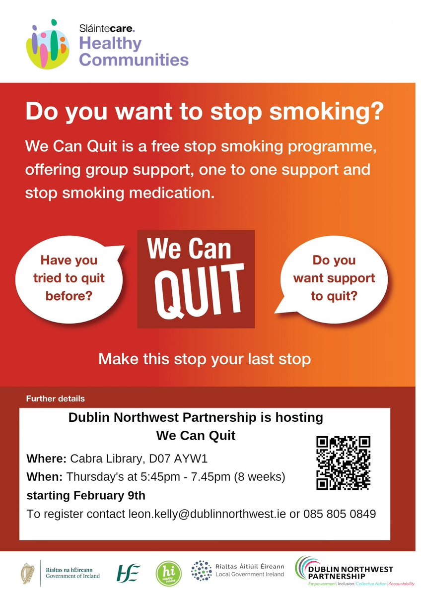 *RT & share to Friends and Family*

One week left until the We Can Quit stop smoking group starts in Cabra Library on Thursday evenings. #Cabra #Dublin7 

Sign Up here to Quit for good 👉 bit.ly/3HikgYj

#stopsmoking #quitsmoking #SlaintecareHealthyCommunites