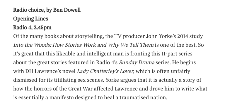 jyintothewoods's tweet photo. Did you tune in to John Yorke's new @BBCRadio4 series OPENING LINES over the weekend? 

Each week, John will examine books, plays and stories, asking what makes them work. 

🎧 Catch up here > https://t.co/kFZgTz5BLF

Featured as the radio choice from @BenDowell at @thetimes. https://t.co/PESpyjFfil