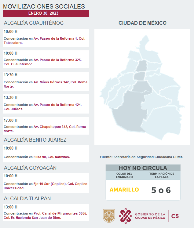 ⚠🗓 #ENTÉRATE | Para hoy, 30 de enero 2023, estas son las movilizaciones sociales previstas en la Ciudad de México.

#C5ConConfianza #MovilidadCDMX