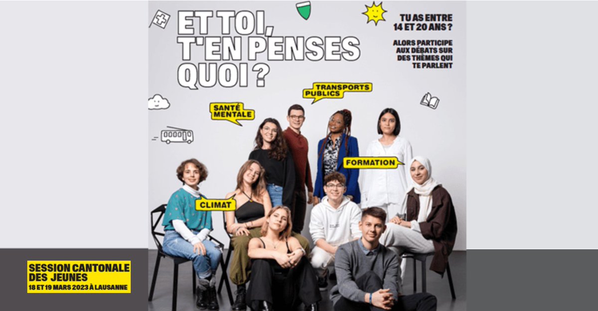 EtatdeVaud's tweet photo. Les 18 et 19 mars, les jeunes (entre 14 et 20 ans) vivant dans le canton de Vaud sont invités à participer à 2 jours de débats sur: le climat, la santé mentale, la formation et les transports publics. Inscription gratuite jusqu'au 6 mars.  @CdJ_Vaud  #Vaud https://t.co/pnGHAdwrHS https://t.co/lsr86DgUiY