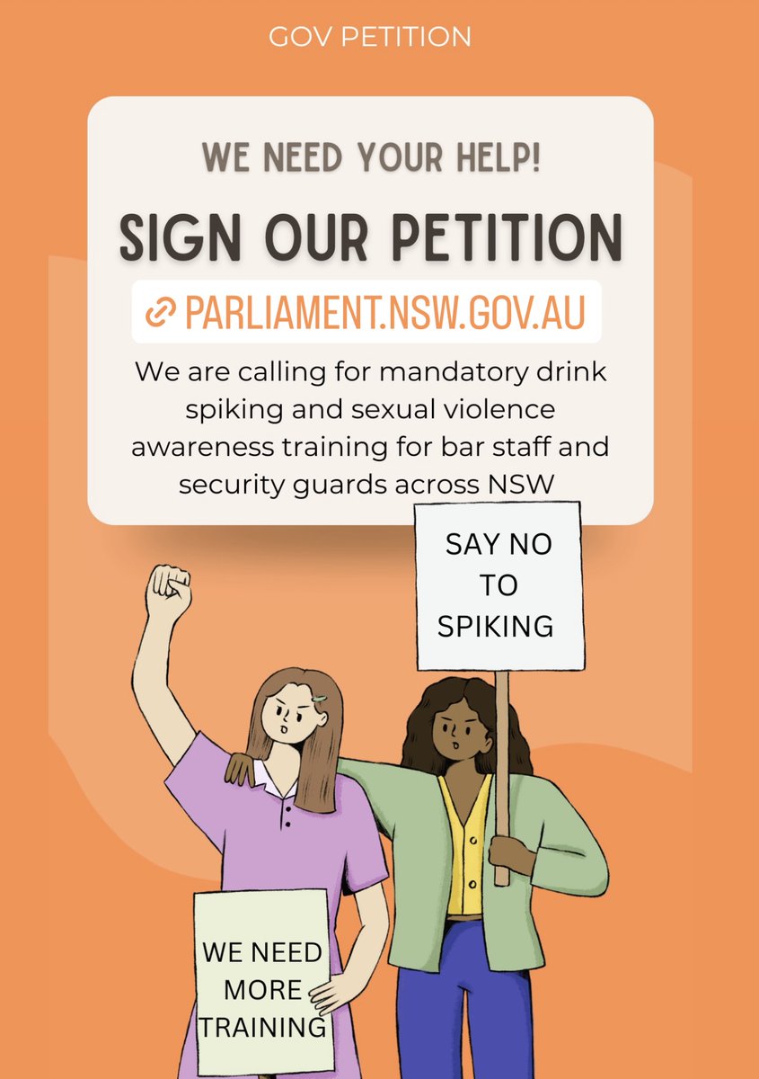 Please take thirty seconds out of your day and sign @WWYWAUSTRALIA’s Anti-Drink Spiking & Sexual Violence Awareness Training petition! We have until March to get 20,000 signatures so please sign ASAP and share within your networks 🧡 parliament.nsw.gov.au/la/Pages/ePeti…