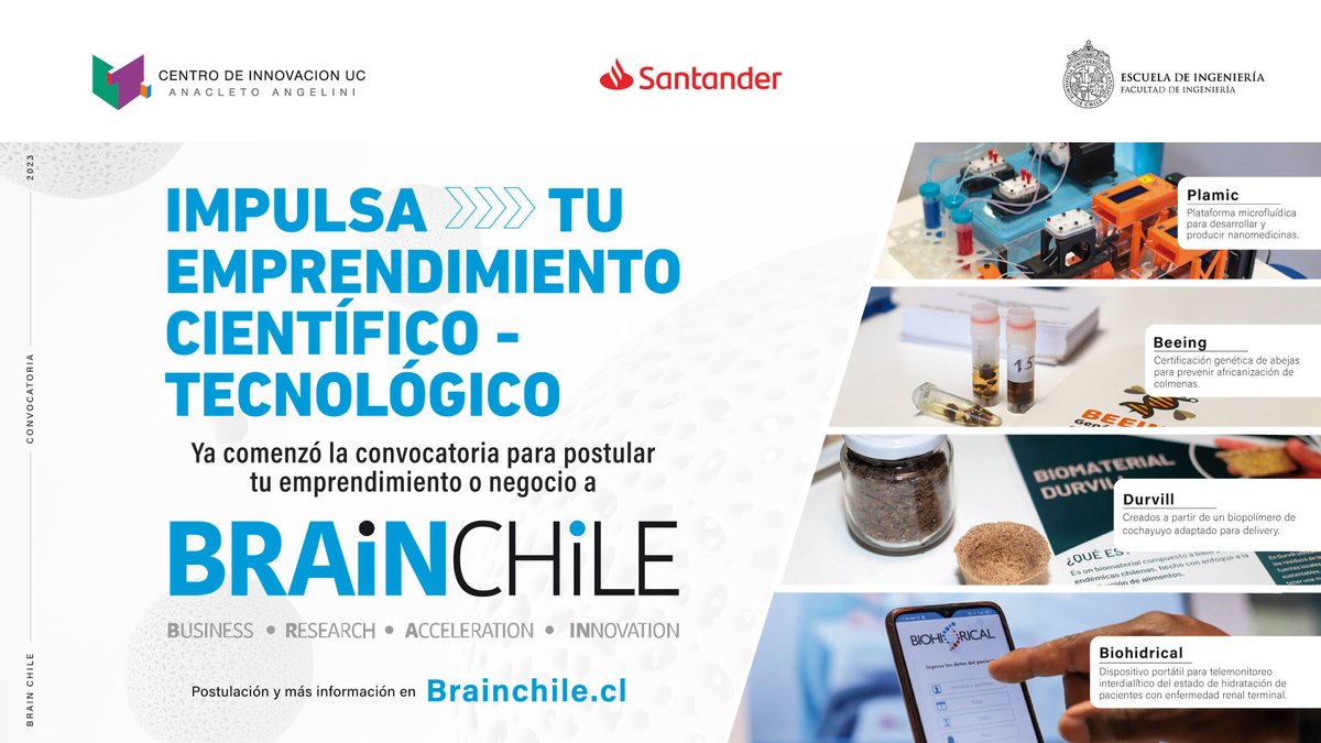 CentroinnovaUC's tweet photo. ¡Comienza la nueva convocatoria para postular a #BrainChile 2023 🧠!
Programa que impulsamos junto a la Escuela de Ingeniería, la Dirección de Transferencia y Desarrollo y el Banco Santander.
📍Conoce más y postula en https://t.co/nvCULbREc8 https://t.co/7KHRNB1BjV