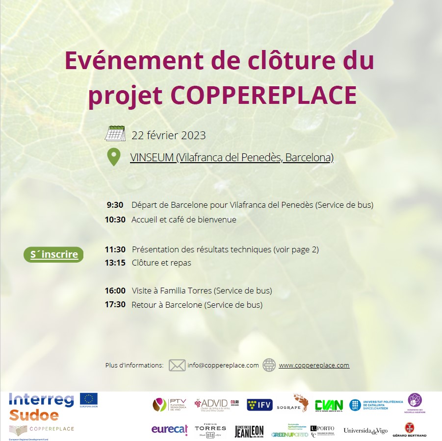 VigneronsBio_NA's tweet photo. Le projet Coppereplace touche à sa fin ! 

VBNA et ses 12 partenaires français, espagnols et portugais présenteront les résultats de ces deux années d’essai sur la réduction du cuivre le 22 Février à Vilafranca del Penèdes, proche de Barcelone.
#interregsudoe #coppereplace https://t.co/VgQ6qHkMES