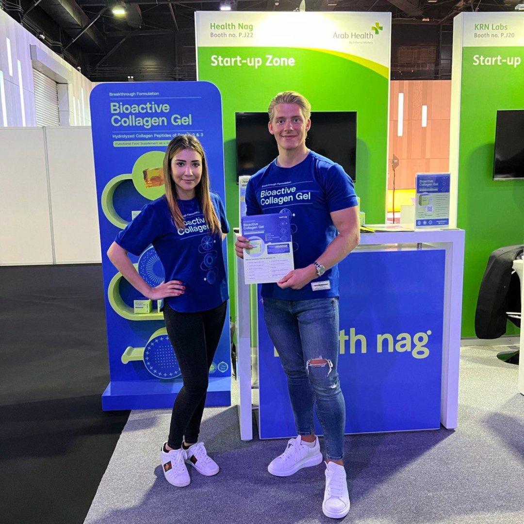 NagHealth's tweet photo. Your resident naggers are here!

Come and join us today at Arab Health for the official launch of our most awaited Bioactive Collagen!

Available for pre-order at https://t.co/x3sNOnKBhW!

If you’re around, catch us at stand #PJ22.

#HealthNag #ArabHealth #HealthDubai https://t.co/hoJXgJot51