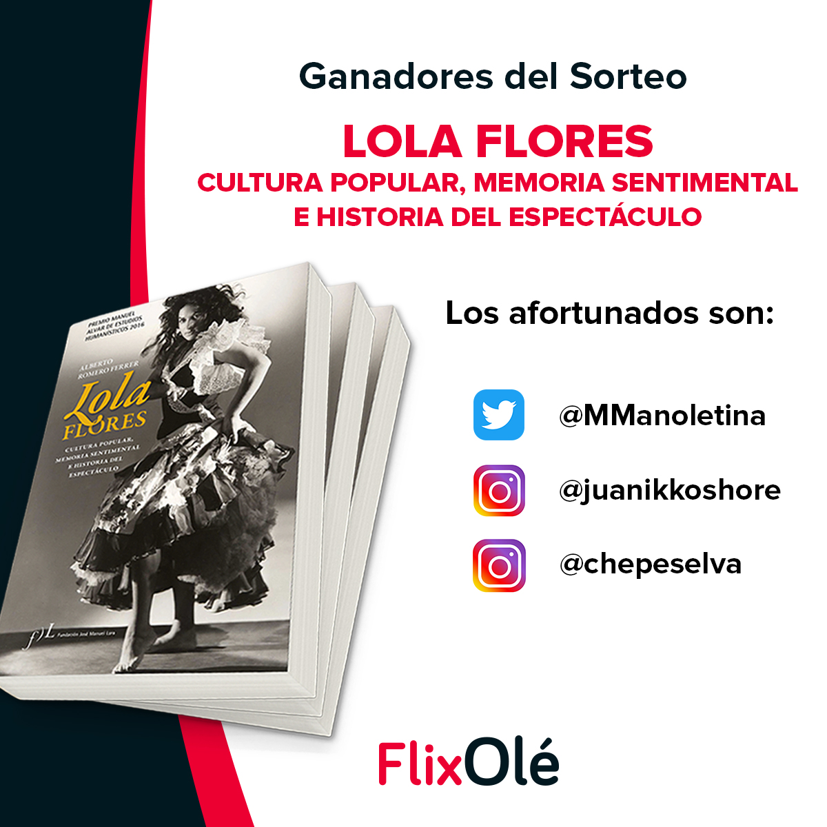 👏¡Ya conocemos a los afortunados en nuestro sorteo de tres ejemplares junto a <a href="/Bookshop_org_ES/">Bookshop.org ES</a>!  Y son los siguientes:

<a href="/MManoletina/">MManoletina</a> 
juanikkoshore y chepeselva (Usuarios IG.)

💃Se llevan a casa este gran ensayo sobre Lola Flores. Página de ganadores: sweeps.easypromosapp.com/w/1086172