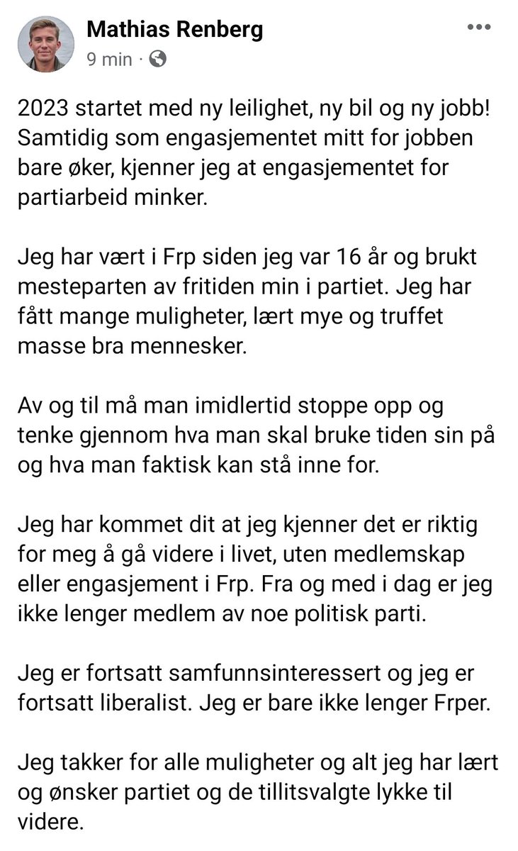 RenbergMathias's tweet image. I dag har jeg meldt meg ut av Frp. Vi skilles som venner.