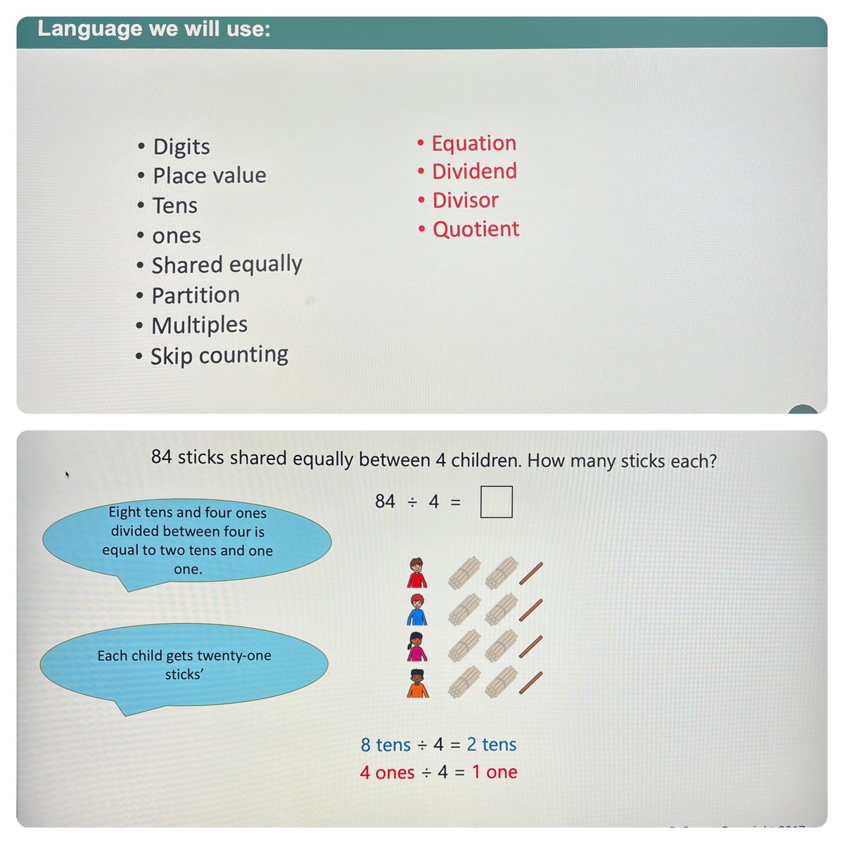 out_education's tweet photo. ‘My mindset did a full 180’. I would never start short div in Y5 with 8 div by 4 using sticks but the pupils understood it deeply and made many connections by the end’ A comment from a recent sustaining TRG using CP slides #slowanddeep #poweroflessonstudy @TuringNW @NCETM https://t.co/x0nfHJo5xg