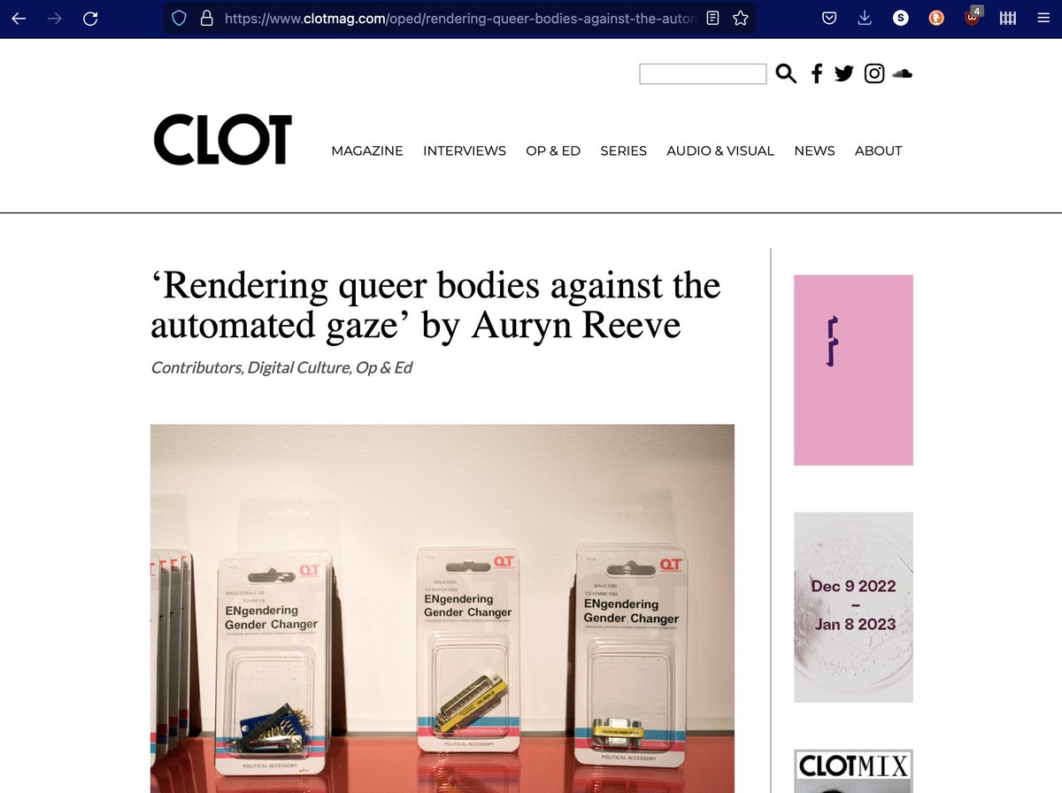 audrey samson (@ideacritik) on Twitter photo Congratulations to Auryn Reeve -- one of our students <a href="/GoldsmithsUoL/">Goldsmiths, University of London</a> -- who has published ‘Rendering queer bodies against the automated gaze’ in <a href="/ClotMagazine/">CLOT Magazine</a> ! clotmag.com/oped/rendering… Congratulations to Auryn Reeve -- one of our students <a href="/GoldsmithsUoL/">Goldsmiths, University of London</a> -- who has published ‘Rendering queer bodies against the automated gaze’ in <a href="/ClotMagazine/">CLOT Magazine</a> ! clotmag.com/oped/rendering…