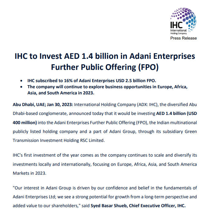 yatinmota's tweet photo. BREAKING NEWS @CNBC_Awaaz 

IHC ABU DHABI to invest $400 mn or Rs 3200 cr in ADANI ENTERPRISES FPO

#ADANI #ADANIFPO #AdaniEnterprises #IHC https://t.co/0is3LKfkdG