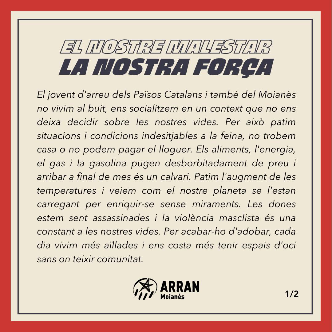 arran_moianes's tweet photo. 🌐El nostre malestar és la nostra força!

Les joves vivim en un món decadent, estem malament i no podem decidir sobre les nostres vides en molts aspectes. Però sí que podem decidir organitzar-nos i lluitar fent del nostre malestar la nostra força.

↪️Comencem campanya!! https://t.co/XCNCPhL9rw