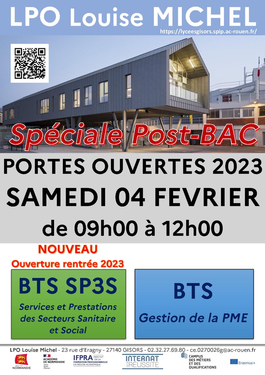 IMPORTANT: la journée portes ouvertes pour découvrir nos formations Post BAC (BTS GPME et le nouveau BTS SP3S) aura lieu ce samedi 4 février de 9h à 12h! Venez, soyez curieux!
<a href="/Limpartial27/">L'impartial</a> <a href="/GisorsOfficiel/">Ville de Gisors</a>
