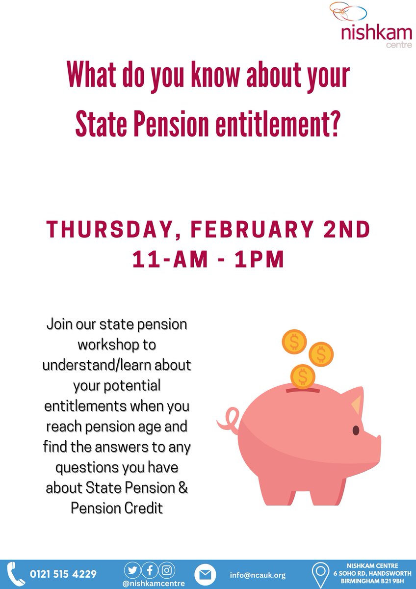 REMINDER - Our State Pension workshop is this Thursday! Come and learn about State Pension and Pension Credit, the differences between the two and the requirements you need to meet to receive them.  #pension #pensioncredit #pensions #workshop #empowerment #birmingham #support