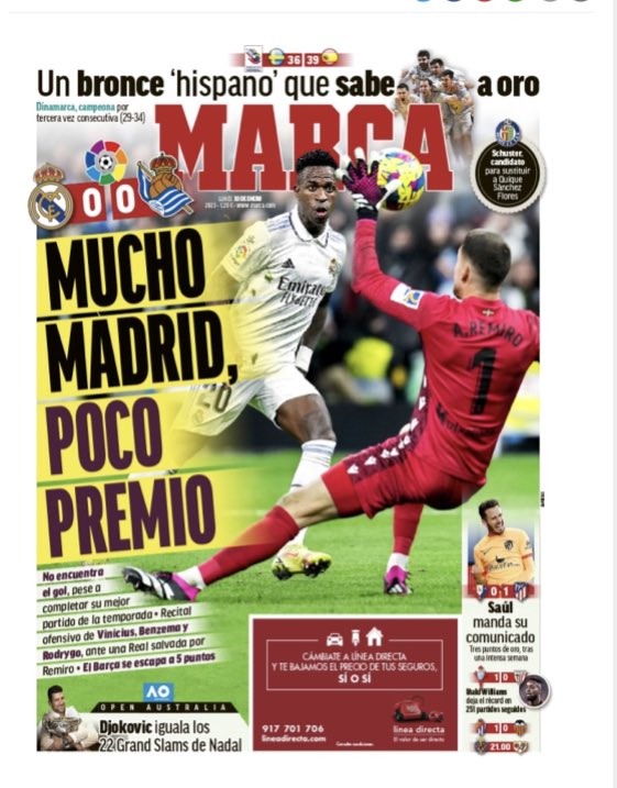 Cuando el anuncio de una aseguradora tiene más hueco en la portada de un periódico deportivo que una medalla en un mundial de balonmano.
LO DE SIEMPRE EN ESTE PUTO PAÍS.
Envidia sana de Francia,Noruega,Dinamarca….