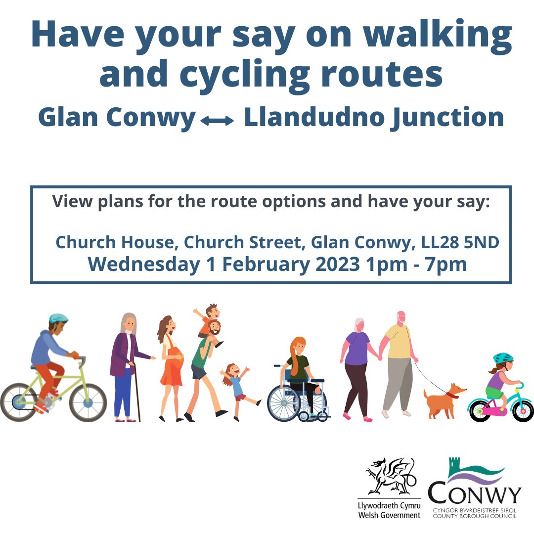 ConwyCBC's tweet photo. Have your say on walking and cycling routes 
🚲 Glan Conwy to Llandudno Junction 🚶

View plans for the route options and have your say:

📍 Church House, Church Street, Glan Conwy, LL28 5ND
🗓️ Wednesday 1 February 2023      1pm - 7pm https://t.co/LDkHjGAly8