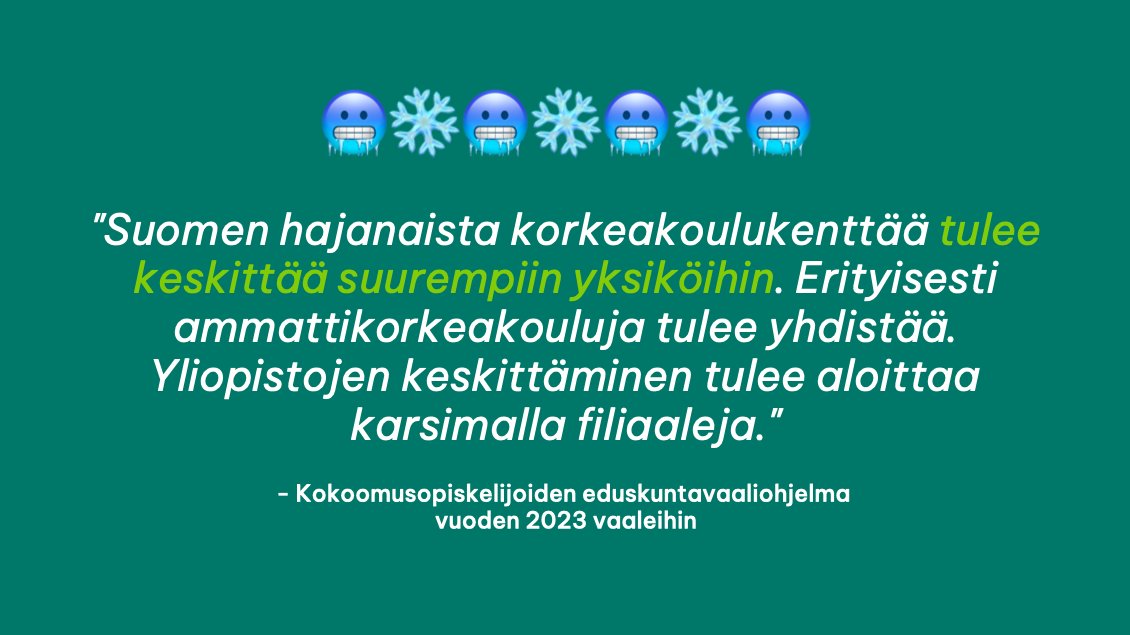 Sain nähtäväksi @Tuhatkunta tuoreen eduskuntavaaliohjelman. 

Tarjolla on (tuttuun tapaan) jäätävän kylmää kyytiä koulutuksen saavutettavuudelle🥶❄️🥶!

Mistä korkeakoulusta @NeaNattinen Kokoomusopiskelijat aloittaa? 

🧵: 1/2

#eduskuntavaalit2023