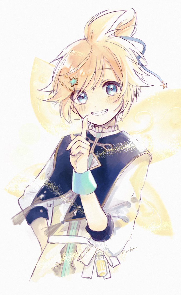 kagamine len blonde hair 1boy smile blue eyes star (symbol) male focus hair ornament  illustration images