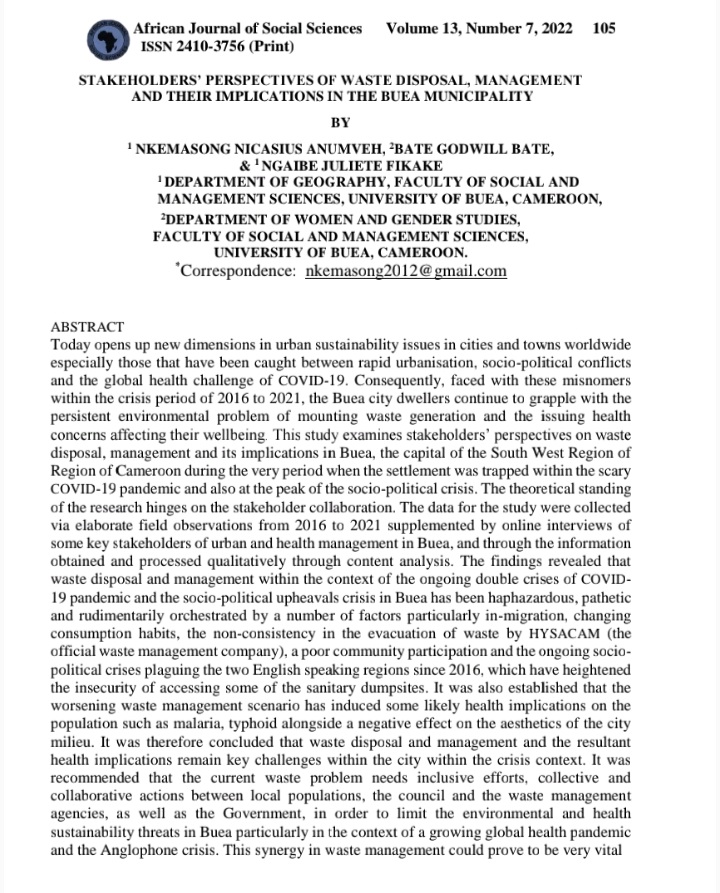 bate_godwill's tweet photo. Our study on Waste disposal and management in Cameroon within the Crisis context calls for urgency of actors to come on board for a collaborative gender sensitive approach to curb uncontrolled waste in #Buea Municipality. https://t.co/dOaorJNZwO