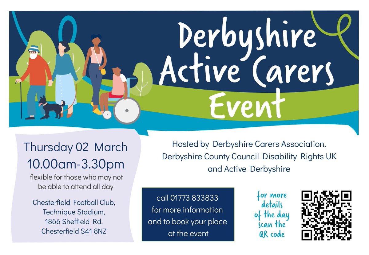 Are you a carer, either paid or unpaid or do you support carers?  You're invited to the Derbyshire Active Carers event on 02 March in #Chesterfield. Hosted by <a href="/DisRightsUK/">Disability Rights UK</a> <a href="/derbyshirecarer/">Derbyshire Carers</a> <a href="/Derbyshirecc/">Derbyshire CC</a>, you'll meet organisations here to support bit.ly/3YaOFyL for more