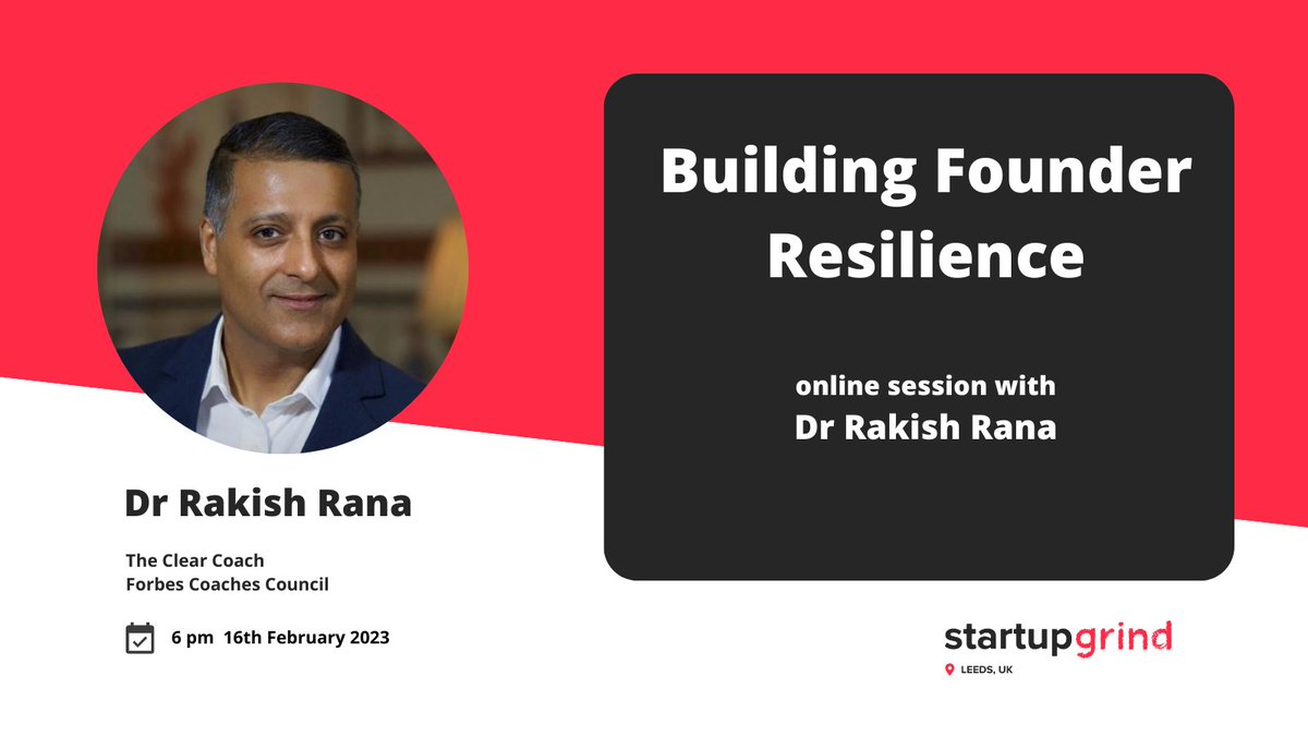 Join us for a valuable online session with <a href="/TheClearCoach/">Dr Rakish Rana - The Clear Coach</a> in conversation with @OpenSolutionsL! Build #FounderResilience and tackle challenges like a pro 💪💼 Register now! #StartupGrind #ForbesCoachesCouncil #MentalHealth #Entrepreneurship <a href="/StartupGrind/">Startup Grind</a> 
startupgrind.com/events/details…