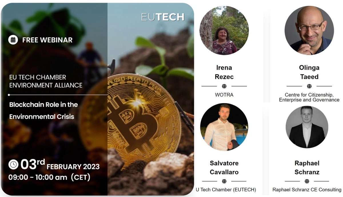 theCCEG's tweet photo. #Blockchain Role in the #Environment Crisis – free webinar from #EUTech Chamber 09:00 CET 3 Feb 2023 – covering #DLT tracking #provenance, #democratization of #ESG #NFT investment, #oil and #gas exploration in the #metaverse, #web3 #retail https://t.co/IYco1qgONM #ProcuredvalueS https://t.co/64dzZwPFK6