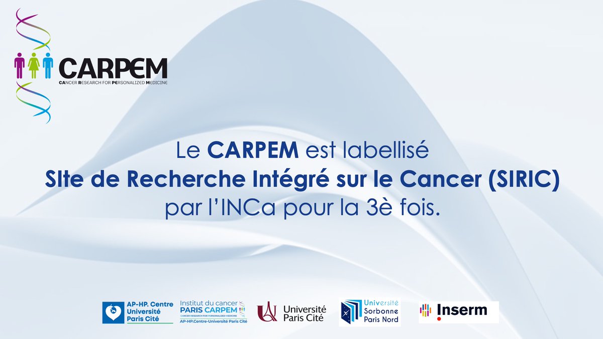 SIRIC CARPEM (@siriccarpem) on Twitter photo 📣 Le CARPEM est labellisé SIRIC par <a href="/Institut_cancer/">Institut national du cancer</a>. Bravo à nos équipes pour ce succès collectif. 👉carpem.fr/le-carpem-reno…
<a href="/univ_paris_cite/">Université Paris Cité</a> <a href="/univ_spn/">Université Sorbonne Paris Nord</a> <a href="/Inserm/">Inserm</a> <a href="/APHP/">Assistance Publique – Hôpitaux de Paris (AP-HP)</a> <a href="/HopitalCochin/">Hôpital Cochin-Port-Royal AP-HP</a> <a href="/HopitalPompidou/">Hôpital européen Georges-Pompidou AP-HP</a> <a href="/hopital_necker/">Hôpital Necker AP-HP</a> @CRCordeliers <a href="/InstitutCochin/">Institut Cochin</a> <a href="/parcc_inserm/">PARCC-INSERM</a> <a href="/InstParisCarpem/">Institut du Cancer Paris CARPEM</a> 📣 Le CARPEM est labellisé SIRIC par <a href="/Institut_cancer/">Institut national du cancer</a>. Bravo à nos équipes pour ce succès collectif. 👉carpem.fr/le-carpem-reno…
<a href="/univ_paris_cite/">Université Paris Cité</a> <a href="/univ_spn/">Université Sorbonne Paris Nord</a> <a href="/Inserm/">Inserm</a> <a href="/APHP/">Assistance Publique – Hôpitaux de Paris (AP-HP)</a> <a href="/HopitalCochin/">Hôpital Cochin-Port-Royal AP-HP</a> <a href="/HopitalPompidou/">Hôpital européen Georges-Pompidou AP-HP</a> <a href="/hopital_necker/">Hôpital Necker AP-HP</a> @CRCordeliers <a href="/InstitutCochin/">Institut Cochin</a> <a href="/parcc_inserm/">PARCC-INSERM</a> <a href="/InstParisCarpem/">Institut du Cancer Paris CARPEM</a>