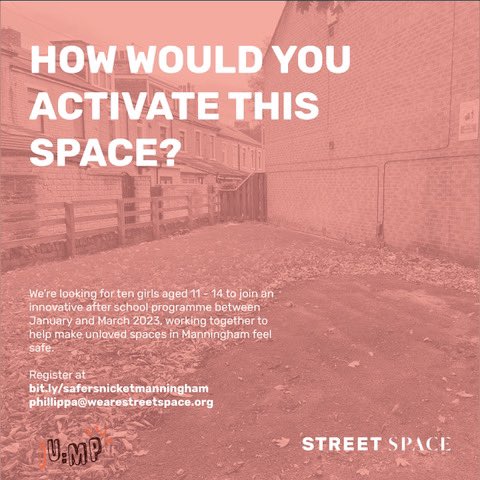 street_space_'s tweet photo. We have a few places left on our exciting #SaferSnicket programme with @JoinUsMovePlay in #Manningham 📍 

Know a 11-14 yr old 👧🏽👧🏻👧🏿 who could benefit from taking part in a collaborative journey to reimagine a local snicket ⬇️

Sign up or https://t.co/pLh7riQjhC or DM for more https://t.co/YQb6Xf8ORw