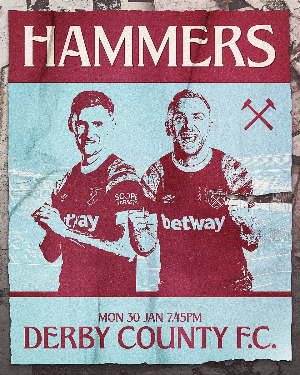 FA Cup action this evening. Away to Derby County. 
Kick Off: 7.45pm
ITV 4
Next round draw at 7.10pm on ITV4 and BBC
#belfastirons #WestHam #COYI #westhamfamily #EmiratesFACup