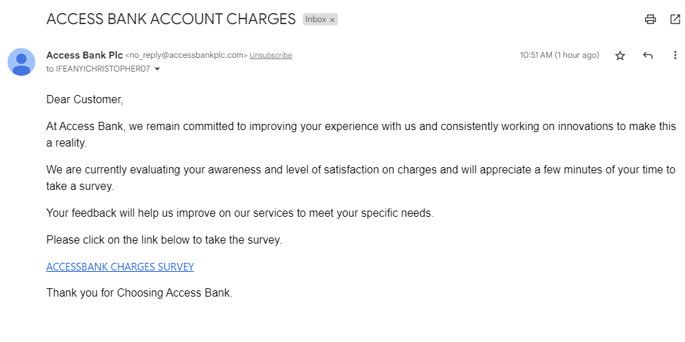 FSolutns's tweet photo. @access_more and @myaccessbank i got a mail from you today requesting our input on a survey. Here is our feedback, your high rate of service charge is inhuman. see attached https://t.co/5BkWQdIc0V