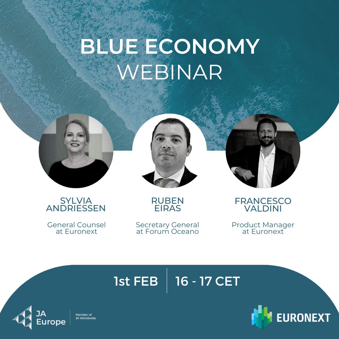 What #BlueEconomy means? It represents all economic activities related to oceans, seas and coasts. #JAStudents will learn more about this and much more, thanks to the @euronext webinar and 3 key speakers. Thanks to @euronext for supporting the next generation of Europeans!