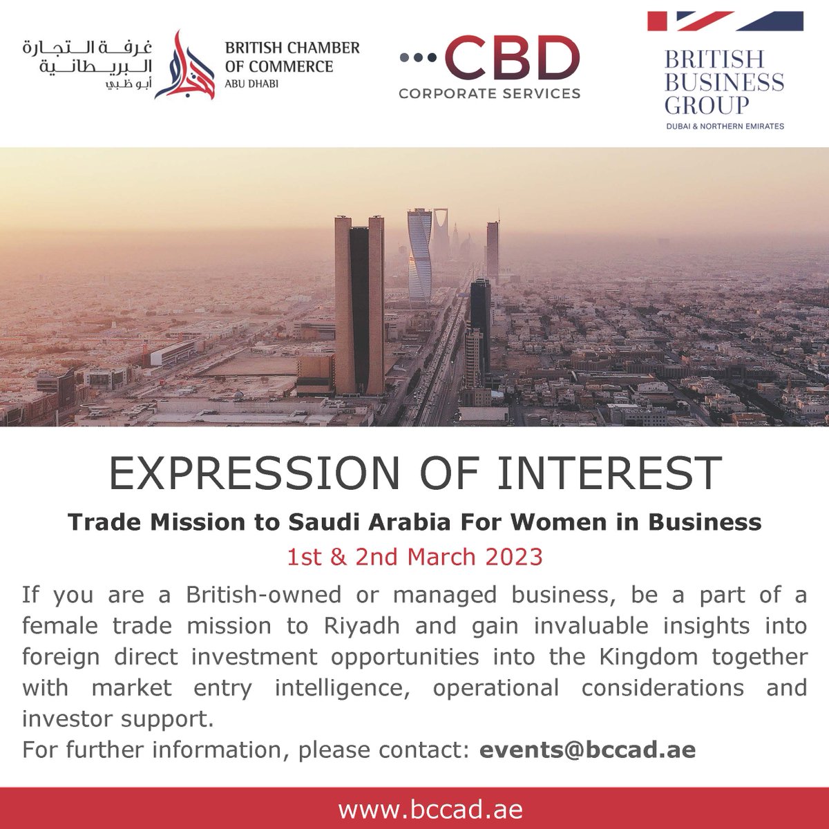 The British Chamber of Commerce Abu Dhabi is pleased to support an upcoming trade mission to the Kingdom of Saudi Arabia for senior female leaders from British owned and managed businesses in the professional services industry sectors. 
#trademission #womeninbusiness