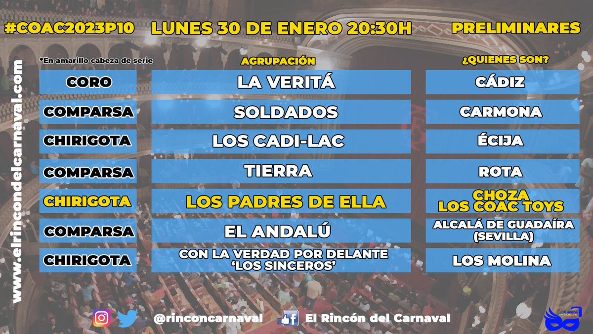ESTA NOCHE Décima Sesión de Preliminar de la Fase de Adultos  #COAC2023P10

⏰ 20:30h
📌Gran Teatro Falla
📺 Onda Cádiz Tv
💻 ondacadiz.es
🎙Canal Sur Radio, Cope, Radio Cádiz Ser, Onda Cero
