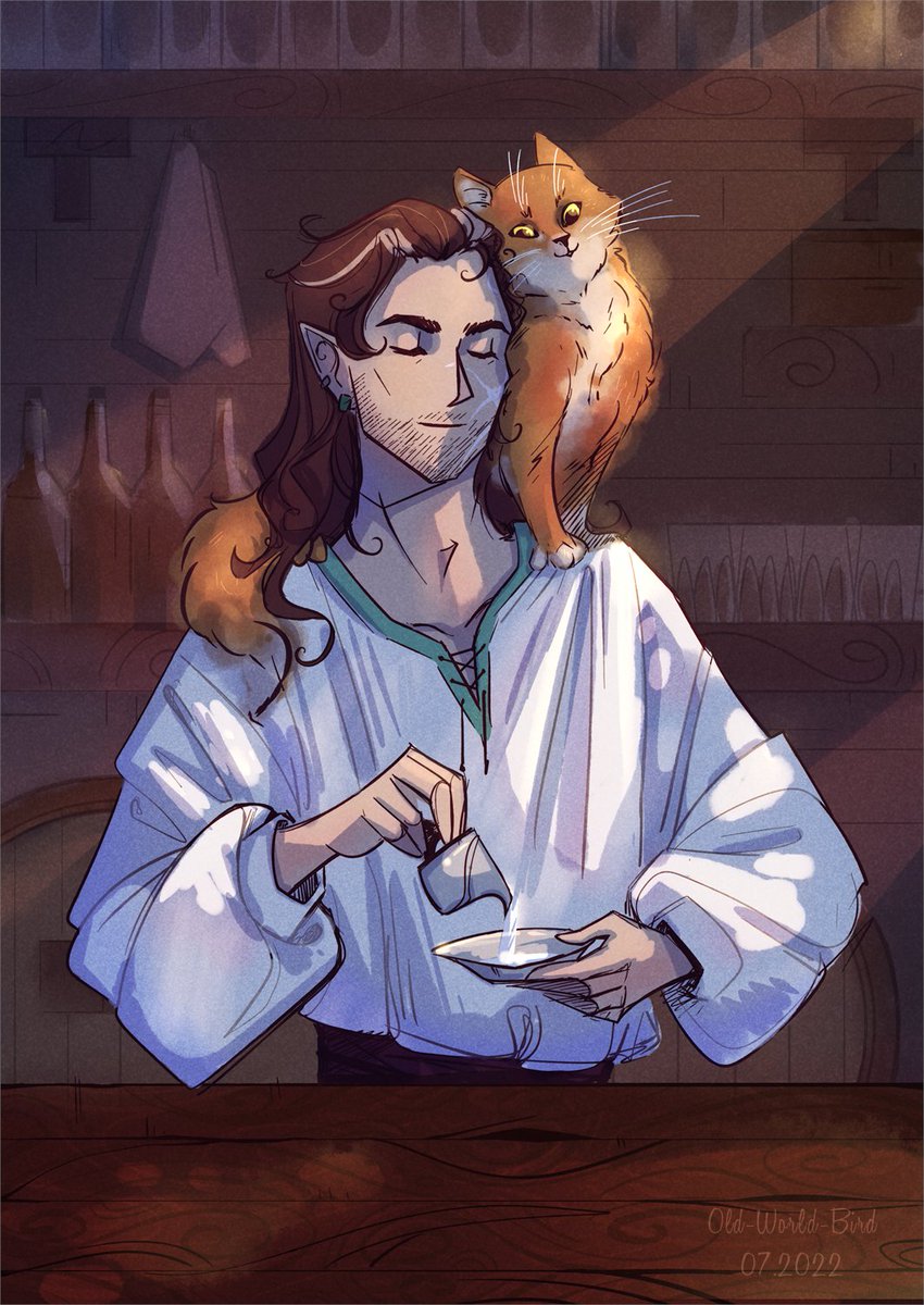 oldworldbird's tweet photo. Wilhelm, my beloved NPC from the DnD game I'm currently in, his cat Whiskey, and his friends Dorian the-former-PC and Davil Starsong https://t.co/vGlOYb9v2i