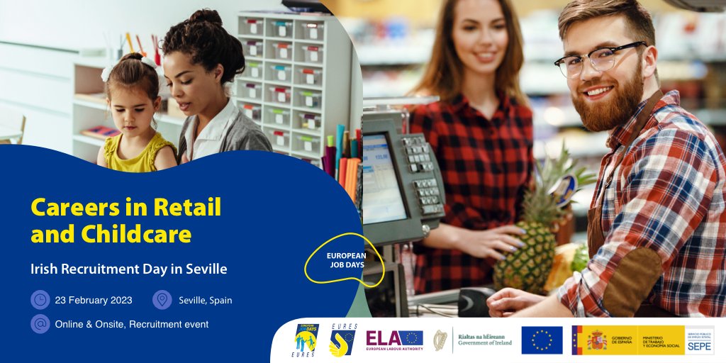 Would you like to work in Ireland? <a href="/EURESIreland/">EURES Ireland</a>🇮🇪 and <a href="/EuresSpain/">EURES España</a>🇪🇸 are organising a Job Day for Irish employers who are currently looking for workers in childcare and retail sector. Jobseekers can now register for this this free recruitment event 👉 europeanjobdays.eu/en/event/caree…
