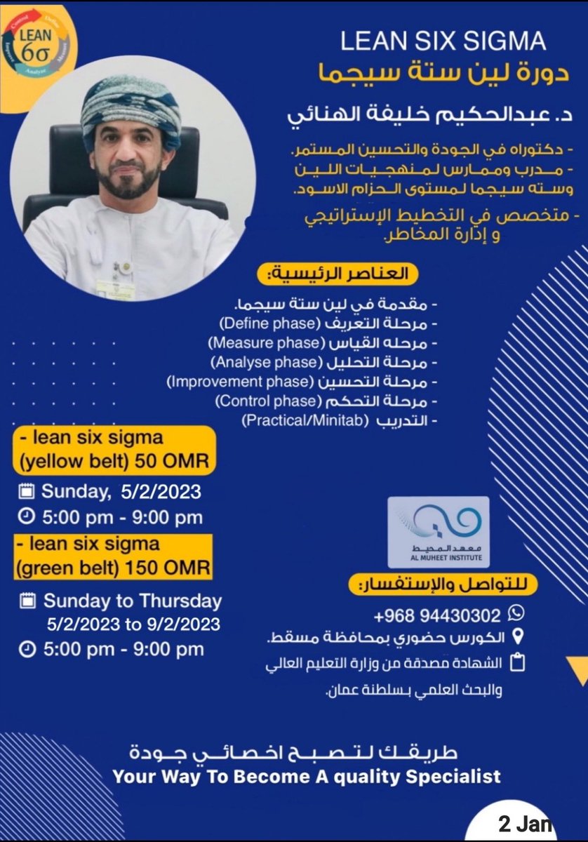 اللهم لك الحمد والشكر. تم اعتماد شهادات كورس   lean six sigma green belt لجميع المشاركين في دورة  شهر ديسمبر 2022 . وننتظركم لمن يحب المشاركة معنا في دورة الادارة الرشيقة وستة سيجماء ( للحصول على شهادة إخصائي جودة) لشهر فبراير 2023.  الرجاء التواصل على رقم 94430302 للحجز.