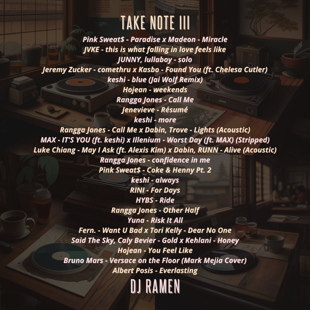 Take Note III is what happens when you combine Spotify radio for keshi, rangga jones and dabin's wild youth acoustic. hope you enjoy the vibes~ 🍜 soundcloud.com/djramenmix/tak…